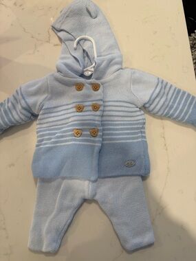 Knit Hooded Baby Matching Set in Light Blue - Striped Knit Bodysuit & Pants